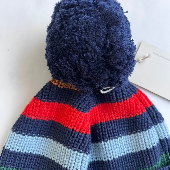Pact Kids 100% Cotton Knit Pom Pom Beanie Hat Blue Red Stripes OS NWT - Picture 5 of 8
